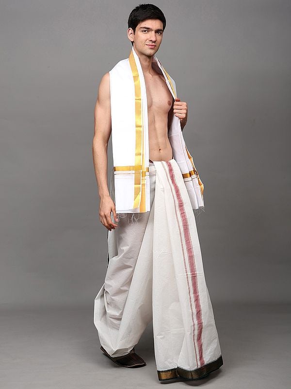 Exotic India Bright-White Pure Cotton Traditional Angavastram With Golden Thread Work Border 