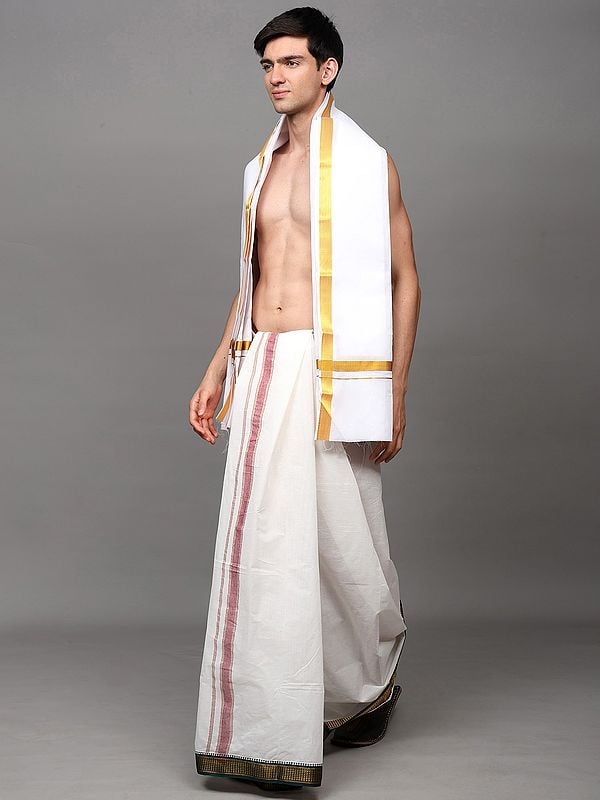 Exotic India Bright-White Pure Cotton Traditional Angavastram With Golden Thread Work Border 