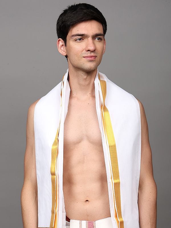 Exotic India Bright-White Pure Cotton Traditional Angavastram With Golden Thread Work Border 