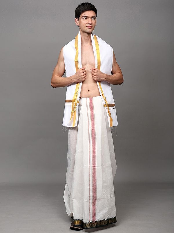 exotic india Bright-White Pure Cotton Traditional Angavastram with Golden Thread work Border 