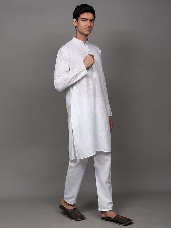 Exotic India Bright-White Stripe Woven Casual Kurta Pajama Set With Side Pockets 