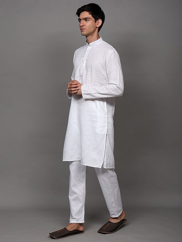 Exotic India Bright-White Stripe Woven Casual Kurta Pajama Set With Side Pockets 
