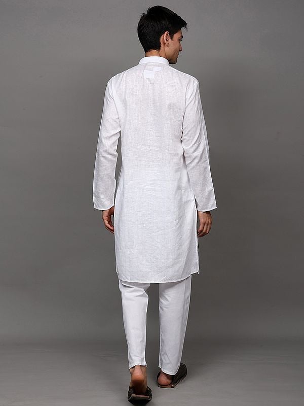 Exotic India Bright-White Stripe Woven Casual Kurta Pajama Set With Side Pockets 