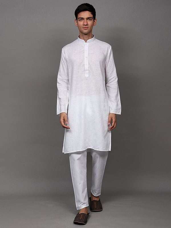 exotic india Bright-White Stripe Woven Casual Kurta Pajama Set with Side Pockets 
