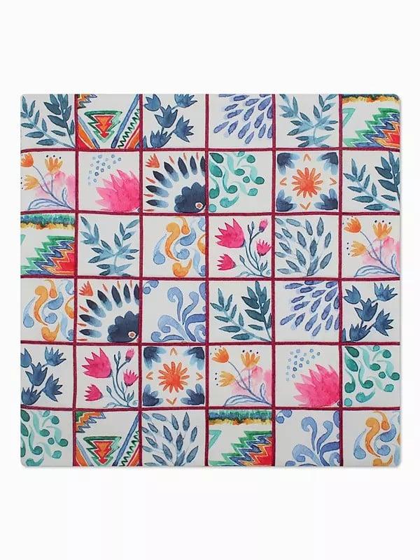 Exotic India Brilliant-White Floral Printed Cushion Cover 