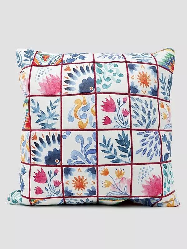 exotic india Brilliant-White Floral Printed Cushion Cover 