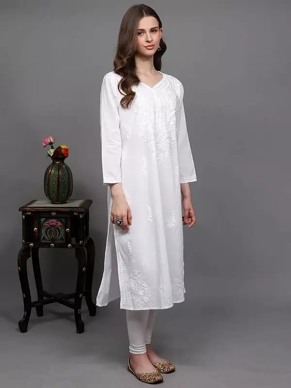 Exotic India Brilliant-White Pure Cotton Long Kurti With Chikankari Embroidered Floral Motifs 