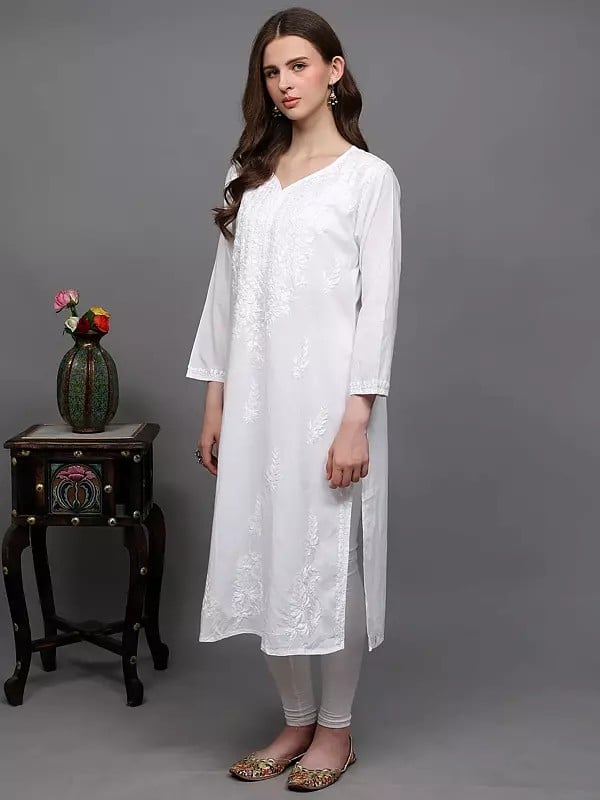 Exotic India Brilliant-White Pure Cotton Long Kurti With Chikankari Embroidered Floral Motifs 