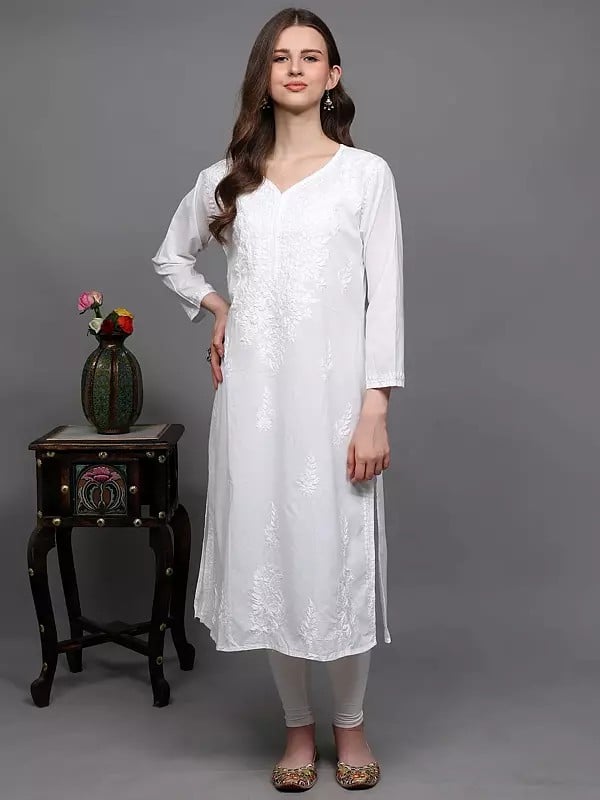 Exotic India Brilliant-White Pure Cotton Long Kurti With Chikankari Embroidered Floral Motifs 