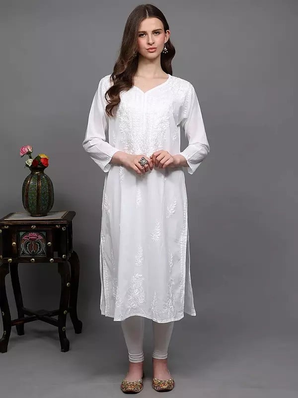 exotic india Brilliant-White Pure Cotton Long Kurti with Chikankari Embroidered Floral Motifs 