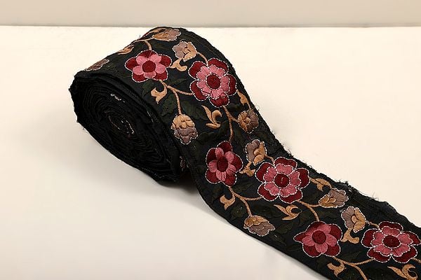 exotic india Bristol-Black Silver-Zari and Multi Color Thread Embroidery Flowers Fabric Border 