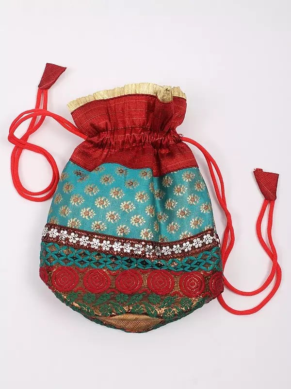 Exotic India Brocaded Drawstring Potli Bags With Lace Work