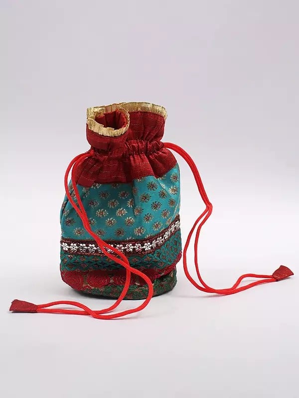 exotic india Brocaded Drawstring Potli Bags with Lace Work