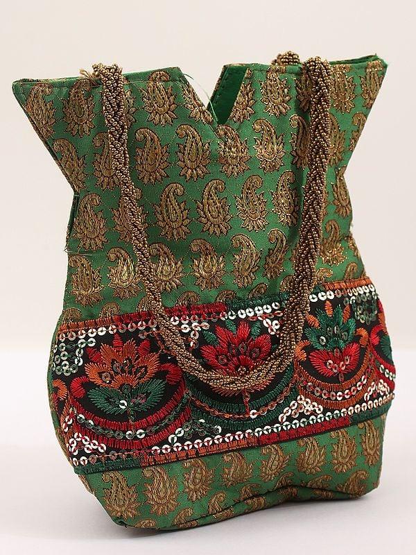 Exotic India Brocaded Paisley Motifs Potli Bag With Sequins Embroidery
