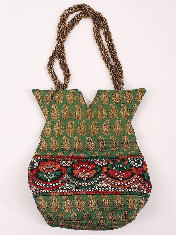 exotic india Brocaded Paisley Motifs Potli Bag with Sequins Embroidery