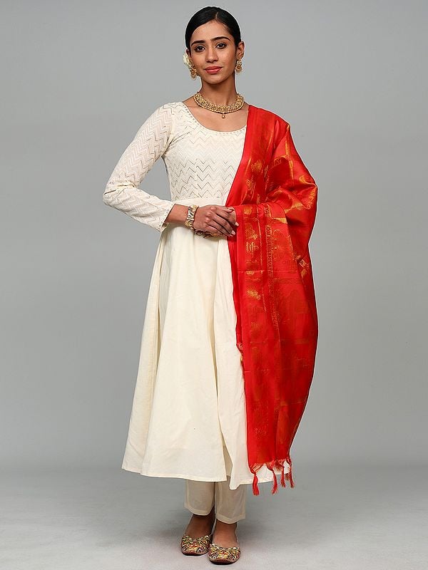 Exotic India Brocaded Shiv Ling Prayer Shawl With Woven Om Namah Shivay Mantra And Nandi From Tamil Nadu