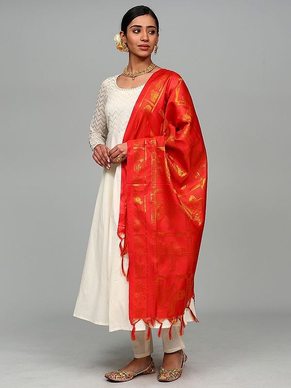 Exotic India Brocaded Shiv Ling Prayer Shawl With Woven Om Namah Shivay Mantra And Nandi From Tamil Nadu