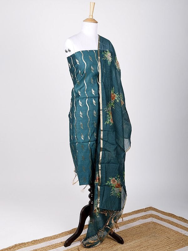 Exotic India Brocaded Two-Piece Faux-Munga Silk Kurti Fabric With Floral Digital Printed Dupatta 