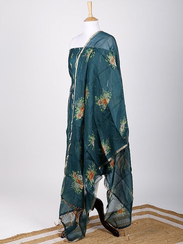 Exotic India Brocaded Two-Piece Faux-Munga Silk Kurti Fabric With Floral Digital Printed Dupatta 