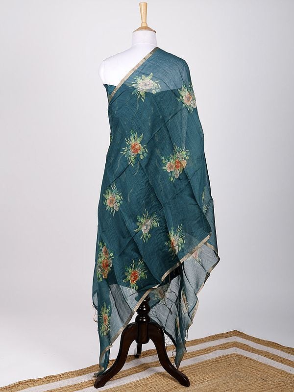 Exotic India Brocaded Two-Piece Faux-Munga Silk Kurti Fabric With Floral Digital Printed Dupatta 