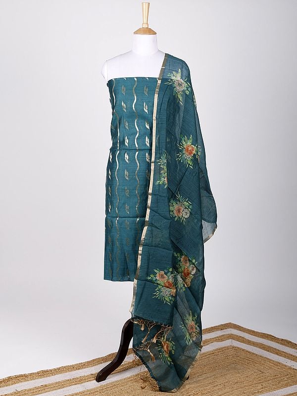 exotic india Brocaded Two-Piece Faux-Munga Silk Kurti Fabric with Floral Digital Printed Dupatta 