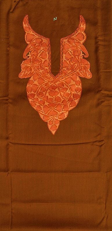 exotic india Bronze-Brown Plain Two-Piece Salwar Kameez Fabric from Kashmir with Aari Hand-Embroidered Neck 