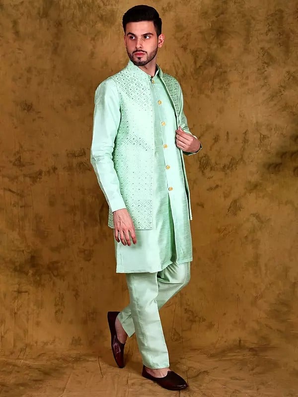 Exotic India Brook-Green Three Piece Kurta Pajama Set With Sequins Embroidered Front Open Jacket 