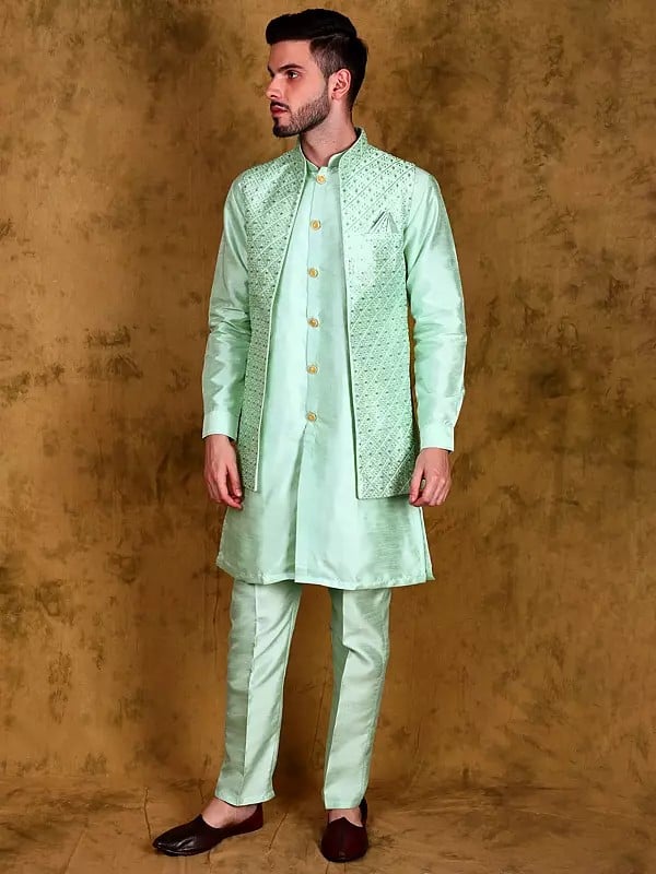 Exotic India Brook-Green Three Piece Kurta Pajama Set With Sequins Embroidered Front Open Jacket 