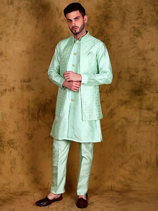 Exotic India Brook-Green Three Piece Kurta Pajama Set With Sequins Embroidered Front Open Jacket 