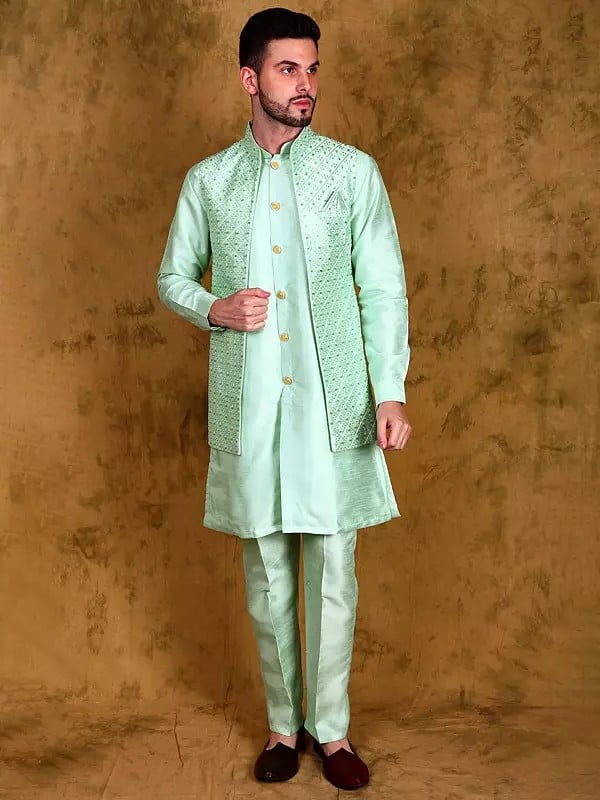 exotic india Brook-Green Three Piece Kurta Pajama Set with Sequins Embroidered Front Open Jacket 