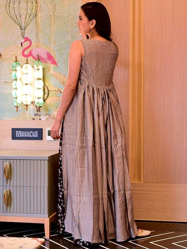 Exotic India Brown Floral Vine Pattern Digital Printed Indo-western Suit With Long Shrug