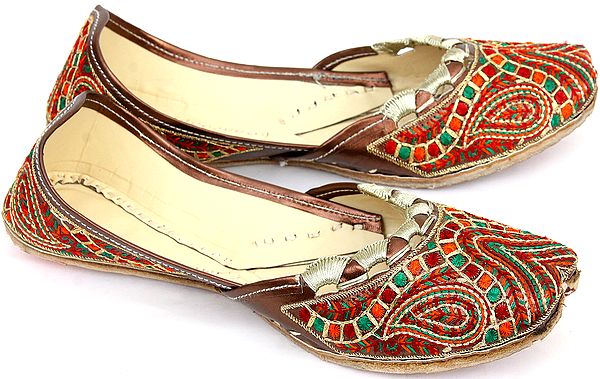 exotic india Brown Mojaris with Multi-color Embroidery and Paisley 