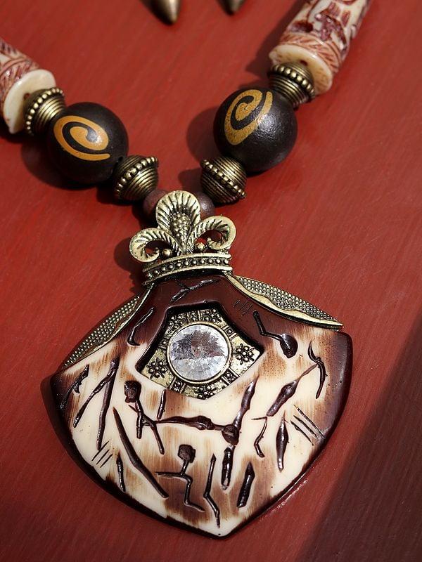 Exotic India Brown Tibetan Style Long Necklace With Earring 