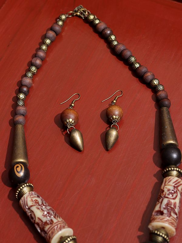Exotic India Brown Tibetan Style Long Necklace With Earring 