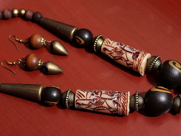 Exotic India Brown Tibetan Style Long Necklace With Earring 