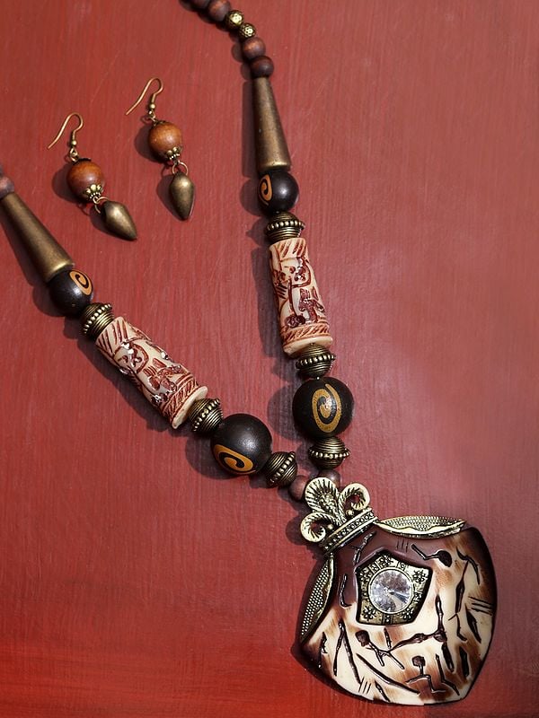 exotic india Brown Tibetan Style Long Necklace with Earring 