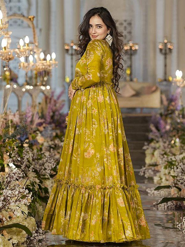 Exotic India Brown-Yellow Heavy Airtex Chinon Digital Print Full Round Flair 3 Piece Koti Style Indo-Western Suit