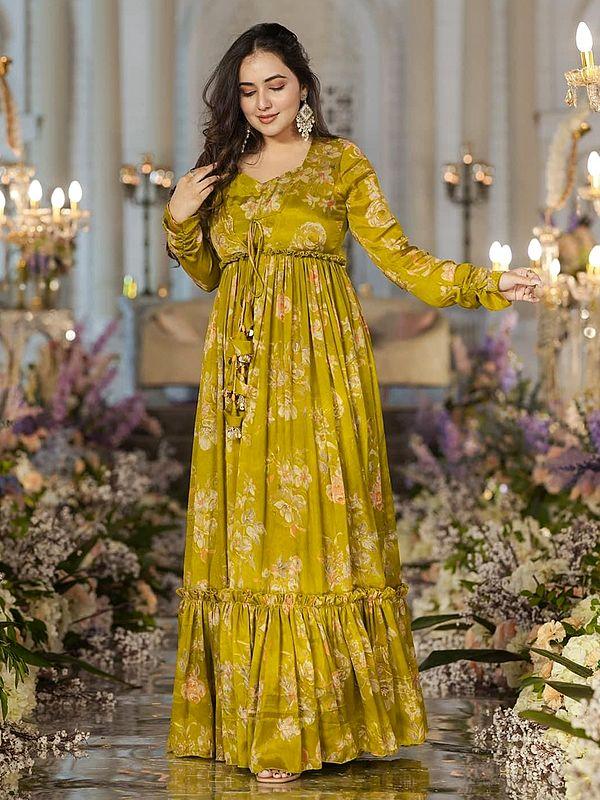 Exotic India Brown-Yellow Heavy Airtex Chinon Digital Print Full Round Flair 3 Piece Koti Style Indo-Western Suit