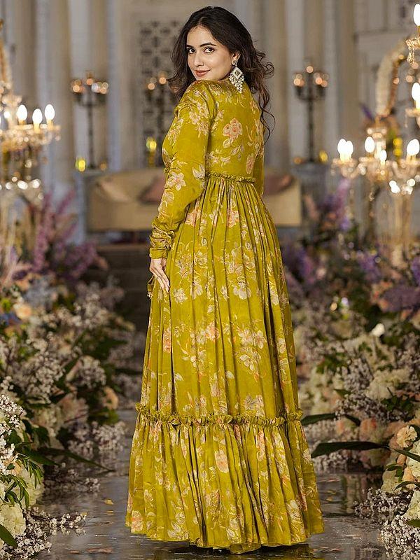 Exotic India Brown-Yellow Heavy Airtex Chinon Digital Print Full Round Flair 3 Piece Koti Style Indo-Western Suit