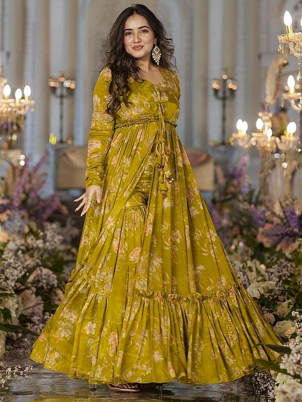 exotic india Brown-Yellow Heavy Airtex Chinon Digital Print Full Round Flair 3 Piece Koti Style Indo-Western Suit