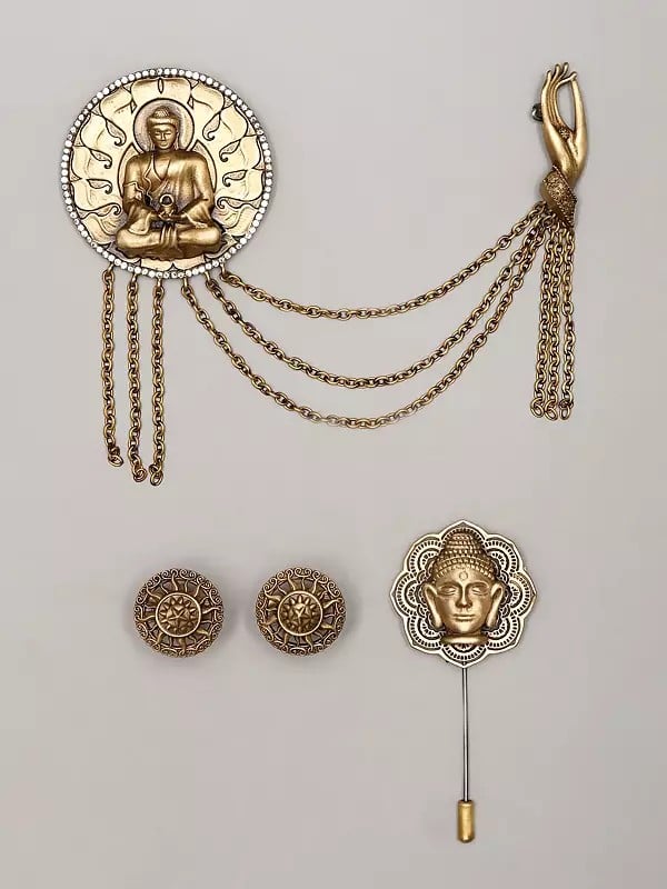 exotic india Buddha Brooch and Buddha Lapel Pin with Sun Cufflinks Set 