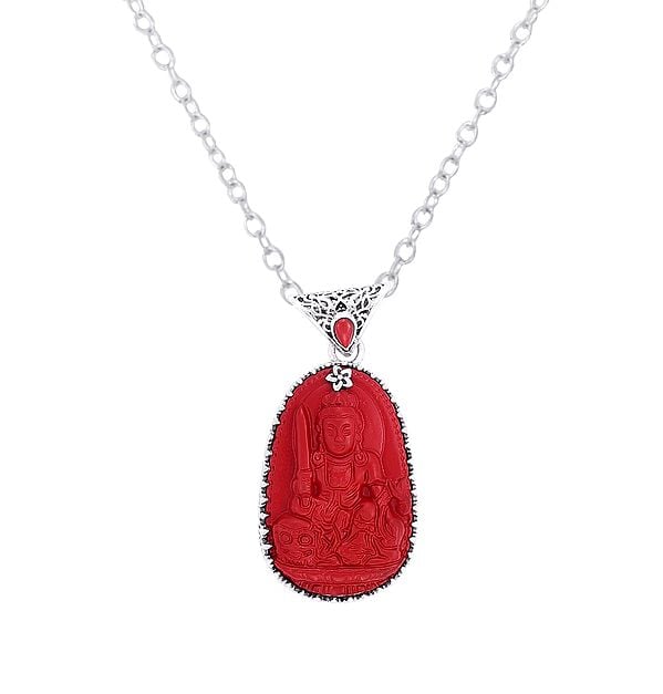 exotic india Buddha Pendant Crafted in Sterling Silver with Precious Red Gemstone 