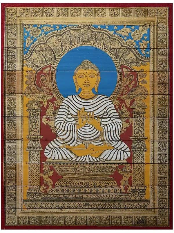 exotic india Buddha Seated in Dharmachakra Mudra | Pattachitra Painting on Palm Leaf 