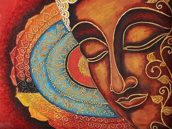 Exotic India Buddha Side Face Oil Painting With Vintage Frame 