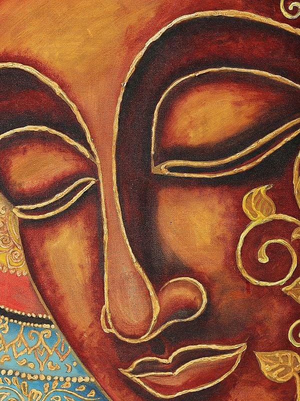Exotic India Buddha Side Face Oil Painting With Vintage Frame 