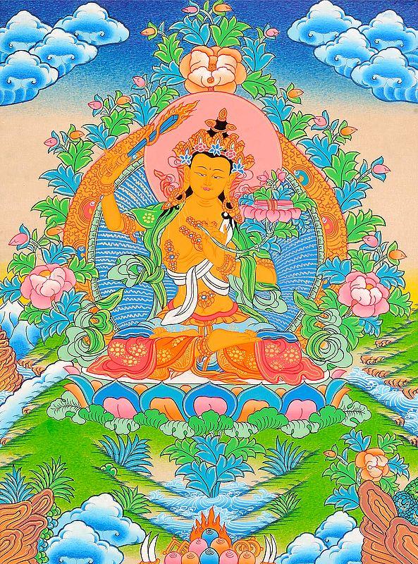 exotic india Buddhist Deity Manjushri Tibetan Thangka Painting 