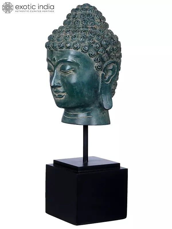 Exotic India Buddhist Lord Buddha Head On Stand | Brass Statue On Wooden Stand 