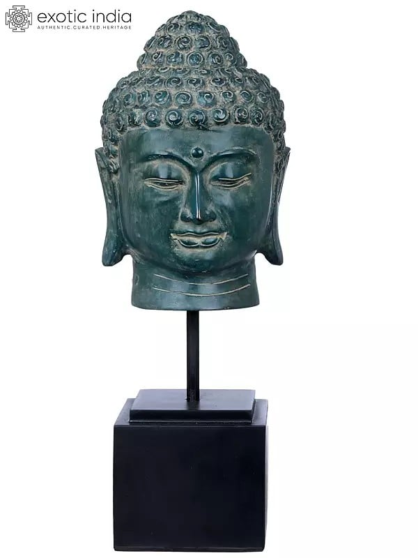 exotic india Buddhist Lord Buddha Head on Stand | Brass Statue on Wooden Stand 