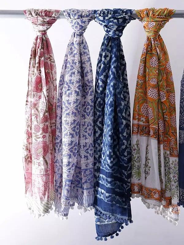 Exotic India Bundle Of Five Floral Printed Scarves With Pom-Poms 