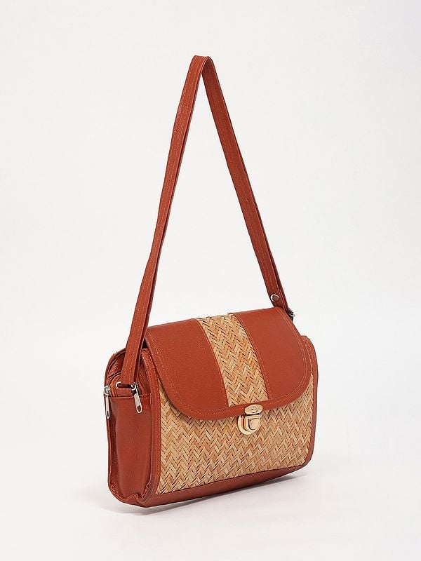 Exotic India Burnt-Brick Bamboo Stripe Shoulder Bag With Dual Zip 